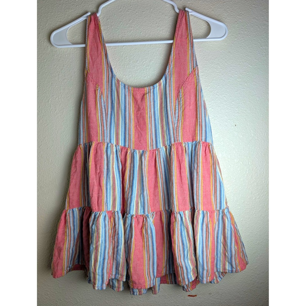 American Eagle Womens S Pink Stripe Linen Blend Tiered Mini Dress Smocked Boho